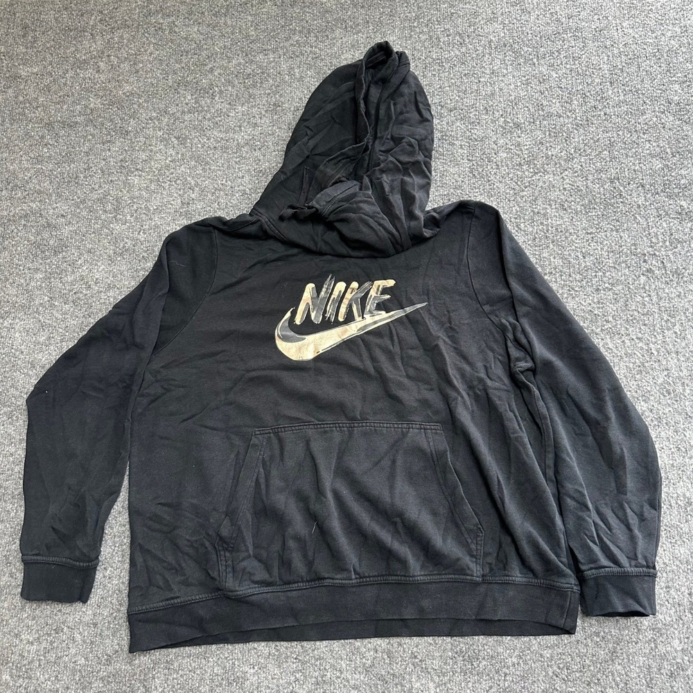 Nike Hoodie Womens Size 1X Black Viscose Gold Foil Graphic Logo Sweatshirt